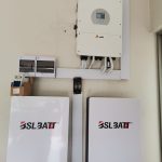 Wall-mounted lithium battery modules alongside inverter and distribution board
